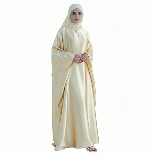 Abaya Muslim Women Dress Satin Batwing Sleeve Kaftan Maxi Arabian Dubai Islamic Ramadan Prayer Dress with Hijab Scarf - color: Beige