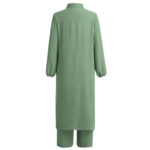 IDOPIP Abaya Dress for Women Muslim Set Long Sleeve Chiffon Islamic Dress Shirt with Pants 2PCS Dubai Prayer Casual Clothes - color: Green, size: Large
