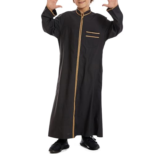 Muslim Abaya Islamic Thobe for Boys Long Sleeve Solid Festive Clothes Teen Kids Cozy Ramadan Prayer Thobe with Pocket - color: Black, size: 7-8 Years