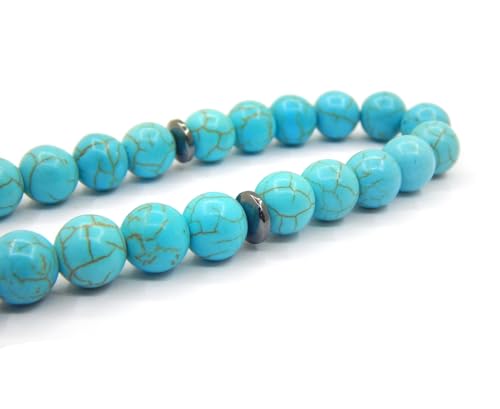 Perlin Muslim Prayer Beads 33 Bead Turquoise Tasbih Islamic Misbaha Subha Dhikr Beads with 10mm Polished Blue Turquoise Gemstone Beads Hematite Spacers, 925 Sterling Silver Imam Ottoman Style Rosary