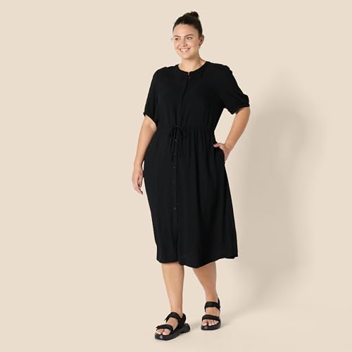 Amazon Essentials Women's Relaxed Fit Half-Sleeve Breathable Button Front Drawstring Waist Midi A-Line Dress with Pockets - color: Black, size: X-Large