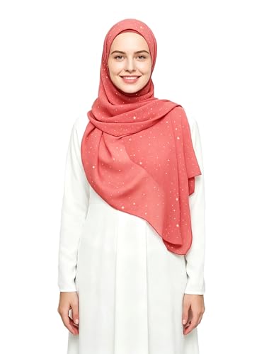 Lina & Lily Sparkle Shimmer Gold Glitter Women's Chiffon Hijab Head Scarf Shawl Wrap Lightweight - color: Coral