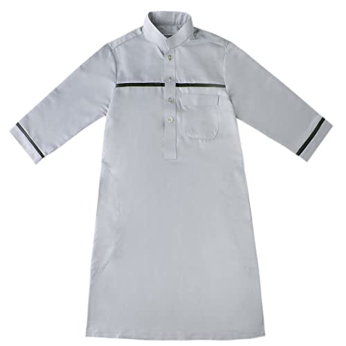 Boy's Muslim Arab Islamic Kaftan Embroidered Robe Solid Color Thobe Islamic Arabic Abaya Ethnic Dress With Pockets - color: Grey Stripe, size: 4-5T