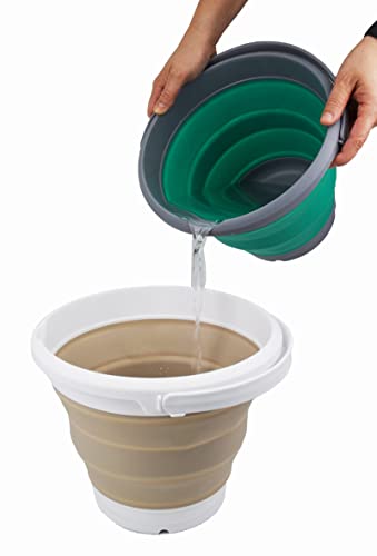 SAMMART 5.5L (1.4 Gallon) Collapsible Plastic Bucket - Foldable Round Tub - Portable Fishing Water Pail - Space Saving Outdoor Waterpot (Grey + Latte (Set of 2)) - color: Grey + Latte (Set of 2)