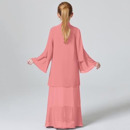 Kids Abaya Dress for Girls Muslim Dress with Hijab Chiffon Layered Open Front Cardigan Ramadan Eid Kaftans Dubai Outfit - color: Pink, size: 5-6 Years