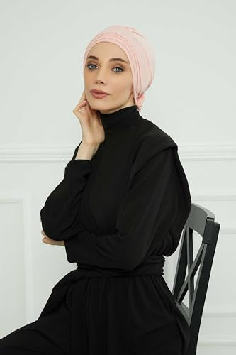 Aisha's Design Instant Turban Head Wraps for Women, Combed Cotton Scarf Lightweight Pre tied Hijab with Back Rose Detail - color: Powder