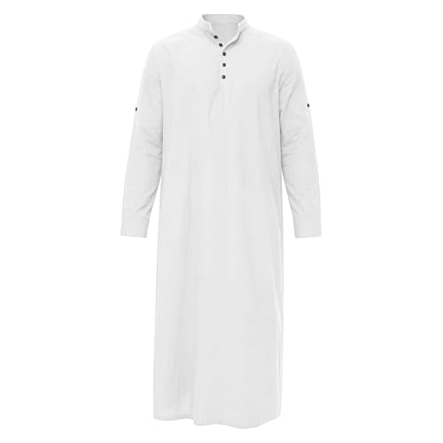 Men's Linen Kaftan Robe Button Down Long Sleeve Henley Collar Cotton Thobe Casual Loose Fit Stylish Gown Shirts - color: White, size: 3X-Large