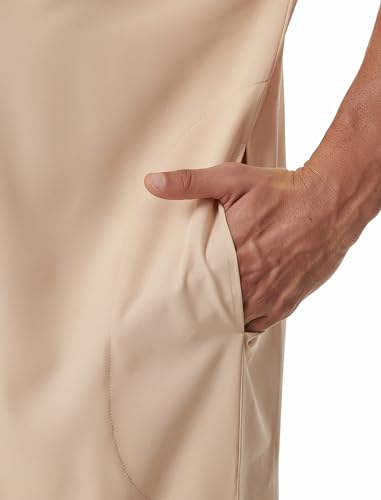 Muslim Men Abaya Short Sleeve Kaftan Islamic Arab Robe Men Dishdasha Zipper Robe Ethnic Clothes Dubai Travel Thobe - color: Beige, size: Large