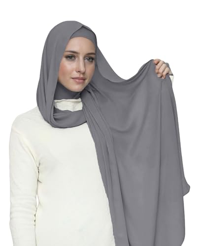 Lina & Lily Flowy Chiffon Instant Hijab Scarf Attached Jersey Ninja Undercap Full Coverage for Muslim Women - color: Dark Gray