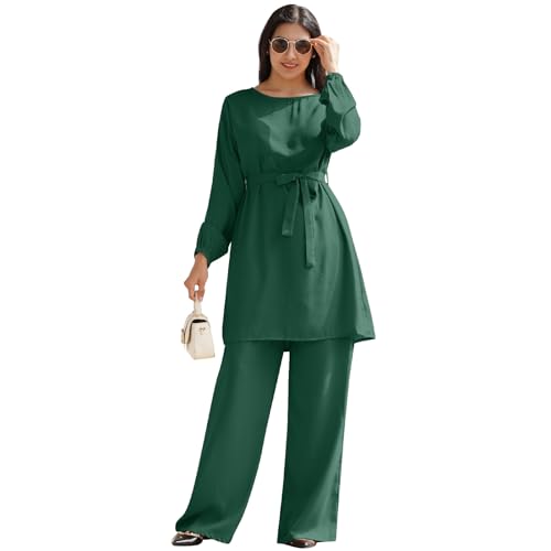 IWEMEK Abayas for Women Muslim Long Sleeve Loose Top Pants 2 Pcs Eid Ramadan Outfits Casual Islamic Muslim Clothes with Belt - color: Dark Green, size: Small