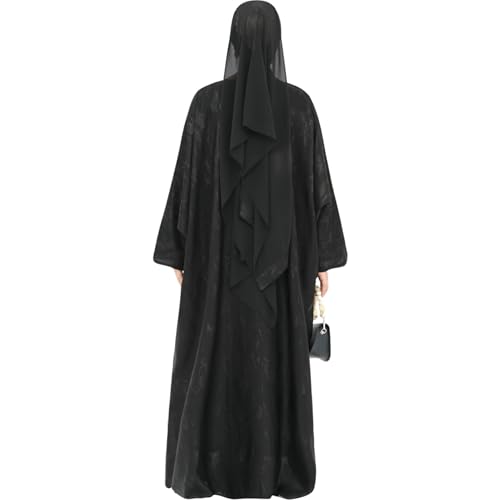 khalat Abaya Muslim Dress Women Satin Jacquard Prayer Dress Batwing Long Sleeve Islamic Dubai Robe with Chiffon Hijab - color: Black