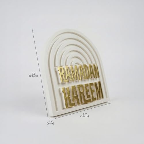 Ramadan Kareem Islamic Table Decor – Gold Edition Arabic Calligraphy for Home or Office – Unique Islamic Art Piece, Perfect for Eid, Ramadan, or Daily Inspiration – White Stone Powder Statue - style: Gold Ramadan Kareem