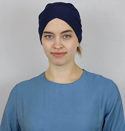 Modefa Islamic Turkish Women's Plain Solid Jersey Criss Cross Tube Hijab Bonnet Muslim Scarf Cap Bone Underscarf - color: Navy Blue