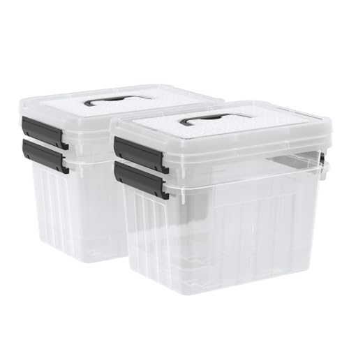 Kekow 6 L Clear Storage Box, Plastic Storage Latch Box with Handle, 4-Pack | Clear Design, Locking Latch Lid, Black Handle, Sturdy Plastic, Multi-Purpose Storage Bin, for Small Items Crafts Stationery - size: 6 L