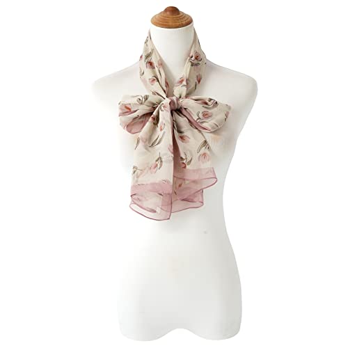 E-Clover Women Soft Floral Print Shawl Chiffon Sheer Scarf - color: Beige Pink Floral