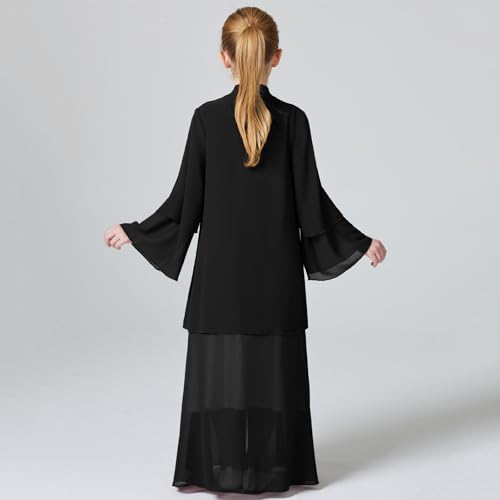 Kids Abaya Dress for Girls Muslim Dress with Hijab Chiffon Layered Open Front Cardigan Ramadan Eid Kaftans Dubai Outfit - color: Black, size: 7-8 Years