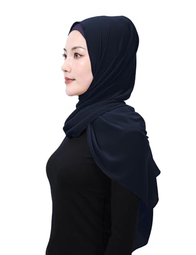 Matched Hijab and Undercap Set, Chiffon Muslim Head Scarf for Women, A Perfectly Decent Combination - color: Navy Blue