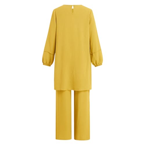 Abayas Dress For Women Muslim Long Sleeve Loose Top Pants 2 Pcs Dubai Islamic Muslim Women Matching Sets - color: Yellow Cc, size: Medium