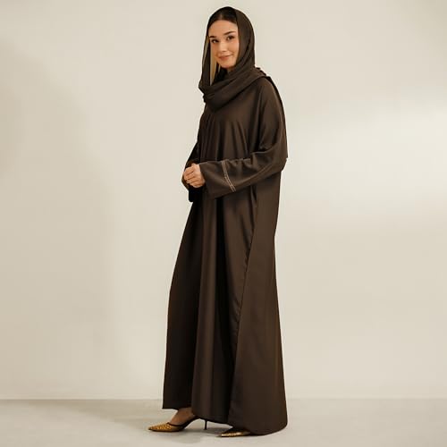 Abaya Dress for Women, Fully Button Up Muslim Abaya in Premium Nida Fabric – Long Sleeve Modest Islamic Maxi Dress - color: Brown, size: XX-Large