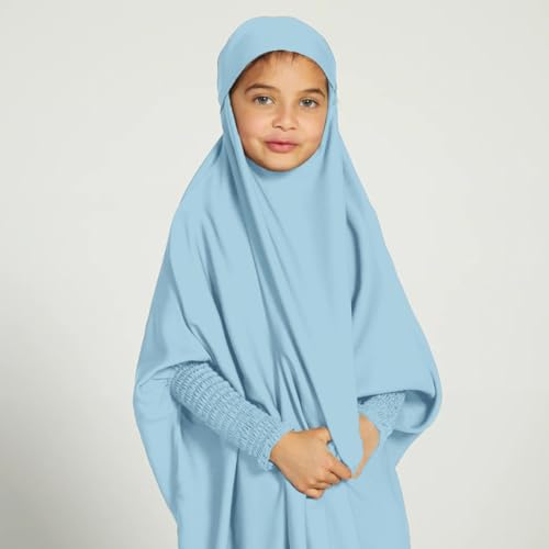 ODIZLI Muslim One Piece Prayer Hijab Dress Women Hooded Abaya Full Cover Islam Dubai Modest Robe - color: Light Blue Kids, size: 8-9 Years