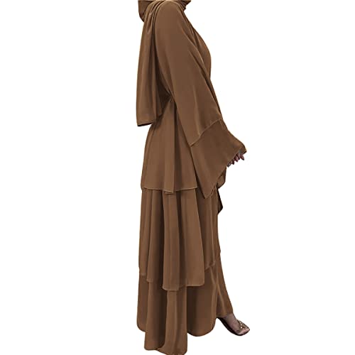 Muslim Abaya Dress for Women - Long Sleeve Islamic Dubai Abaya Cardigan Robe - Middle East Prayer Dress with Hijab - color: #A: Brown, size: Small