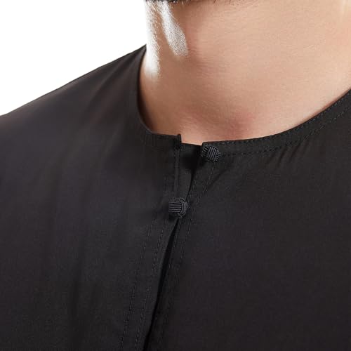 IKADEX Muslim Thobe for Men Islam Kaftan Long Sleeve Button Down Casual Henley Prayer Robe Clothing Dubai Arabic with Pockets - color: B-black, size: Medium