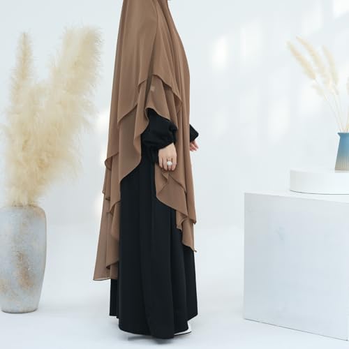 SYANKANGXIAO Ramadan Eid Khimar Abaya Turkey Islam Muslim Chiffon 2 Layers Long Hijab Dress Prayer for Women Full Cover Robe - color: Khaki