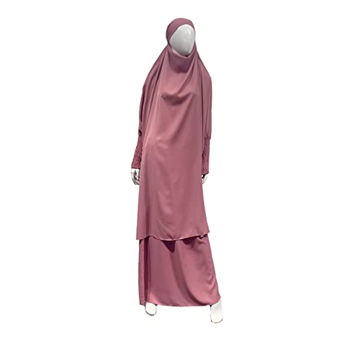 Women Muslim 2 Set Solid Color Plus Long Sleeve Thobe One-size Longuette Overall Abaya Thobe with Hoodied Hijab - color: Purple