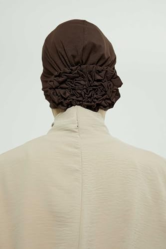 Aisha's Design Instant Turban Head Wraps for Women, Combed Cotton Scarf Lightweight Pre tied Hijab with Back Rose Detail - color: Brown