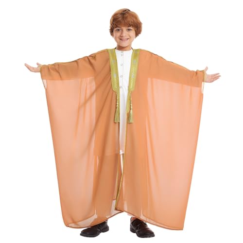 IWEMEK Kids Abaya Arabic Thobe for Boys Muslim Robes Islamic Prayer Clothes Embroidered Chiffon Kaftan Cardigan Dubai Thobe - color: Camel, size: 4-5T