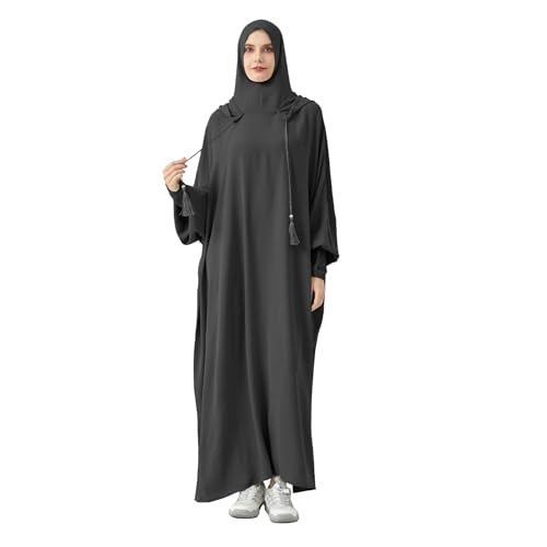 Abaya Muslim Dress Women Prayer Dress Long Sleeve Hooded Loose Maxi Dress Arabian Dubai Islamic Clothes - color: Dark Gray