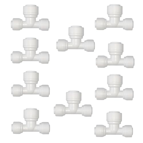 10 PCS 1/4" x 3/8" x 1/4" Push Fit T-Shaped 3-Way Tube Connector, Plastic Quick Connect Fittings for RO Water Purification System, Reverse Osmosis, Water Filters (White) - style: 1/4"-3/8"-1/4" T connect(10)