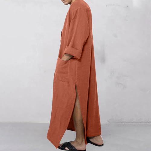 Linen Kaftan Thobe for Men Big and Tall Muslim Robe Long Sleeve Button Down Henley Neck Side Split Caftan with Pocket - color: Brown, size: 5X-Large