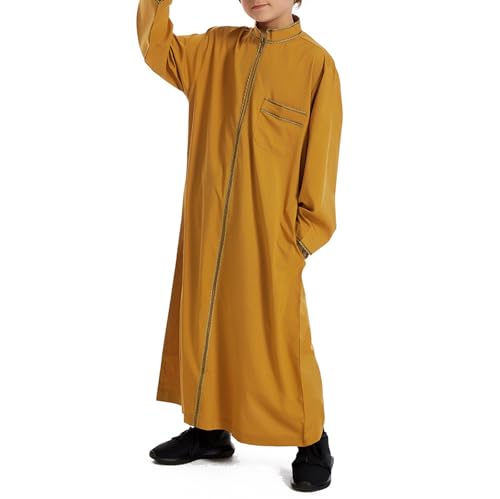 Muslim Abaya Islamic Thobe for Boys Long Sleeve Solid Festive Clothes Teen Kids Cozy Ramadan Prayer Thobe with Pocket - color: Yellow, size: 5-6 Years