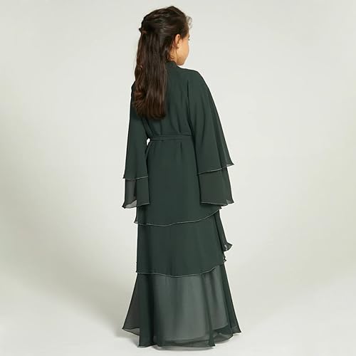 IDOPIP Muslim Girls Abayas Dress for Kids Long Sleeve Chiffon Islamic Kaftan Robe Open Front Cardigan Prayer Dress with Hijab - color: Green, size: 11-12 Years