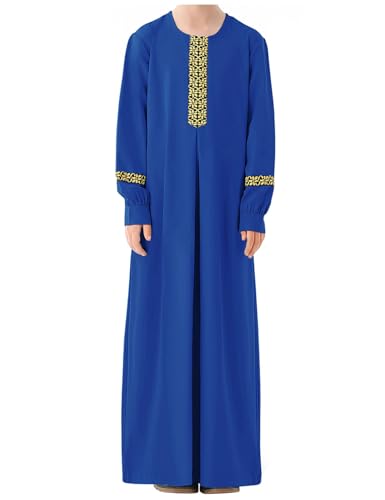 WSPLYSPJY Long Sleeve Abaya for Girls Muslim Islamic Dresses Kids Printed Maxi Prayer Clothes Robe - color: Royal Blue, size: 9-10 Years
