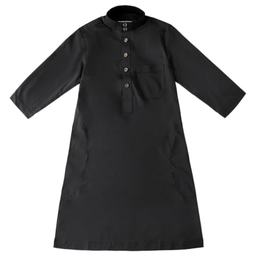 IDOPIP Muslim Thobe for Boys Kids Long Sleeve Islamic Arabic Kaftan Robe Middle East Dubai Prayer Dress Clothes with Pockets - color: Black, size: 11-12 Years
