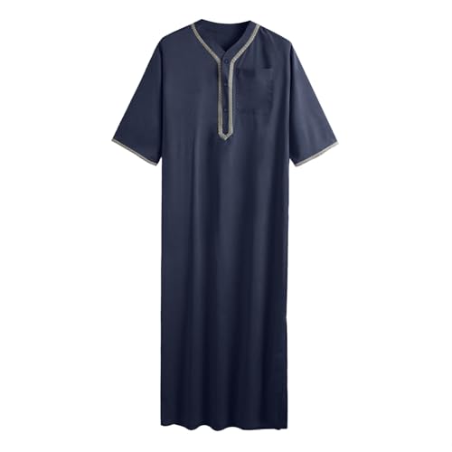 Thobe for Men Muslim Islamic Robe Kaftan Long Sleeve Jubba Arabic Dress Ramadan Eid Traditional Gown A14 - color: Navy, size: 3X-Large
