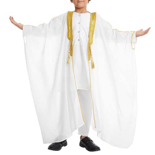 Toddler Boys Muslim Arabic Thobe Long Sleeve Embroidered Islamic Kaftan Teens Middle East Prayer Dress Ramadan Eid Clothes - color: White, size: 9-10 Years