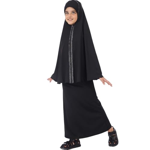 Lenmipot Kids Jilbab 2pcs Abaya Girls Muslim Prayer Dress Kids Eid Full Cover Abaya Dress Set Islamic Prayer Jilbab for Girl - color: Blacka, size: 6-7 Years