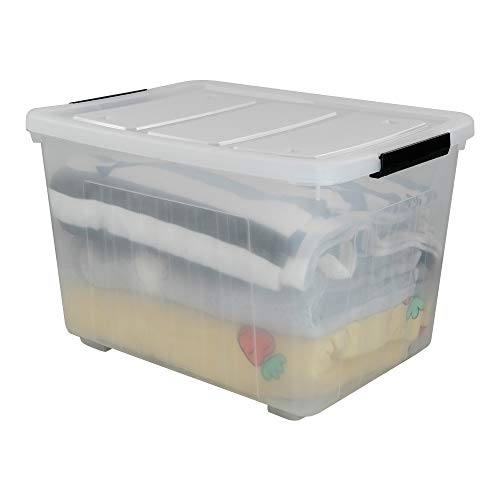 Kekow 70 L Clear Large Storage Box, Plastic Latch Box with Wheels, 4-Pack | Extra Large Capacity, Locking Snap Lid, Easy-Glide Wheels, Sturdy Plastic Build, for Closet Garage Basement Storage - size: 70 L