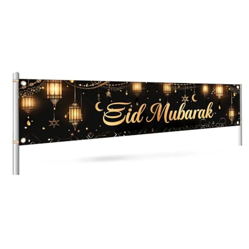 Eid Mubarak Outdoor Yard Banner 79x18 Inch Black Gold Islamic Lantern Crescent Moon Hanging Lights Backdrop for Muslim Ramadan Eid al-Fitr Lawn Fence Party Decorations