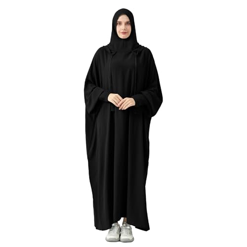 Abaya Muslim Dress Women Prayer Dress Long Sleeve Hooded Loose Maxi Dress Arabian Dubai Islamic Clothes - color: Black