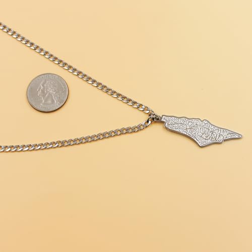 Uloveido Palestine Map Necklace – Arabic Engraved Stainless Steel Pendant, Islamic Middle Eastern Cultural Jewelry for Men and Women - color: Silver