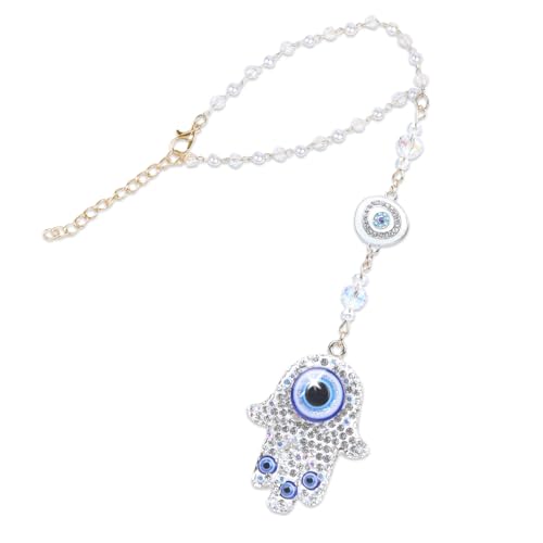 White Crystal Hamsa Hand Evil Eye Car Mirror Charm Ornament - color: White