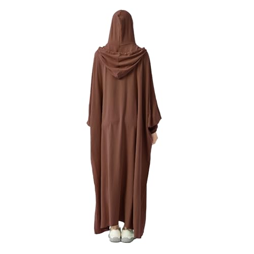 Abaya Muslim Dress Women Prayer Dress Long Sleeve Hooded Loose Maxi Dress Arabian Dubai Islamic Clothes - color: Brown