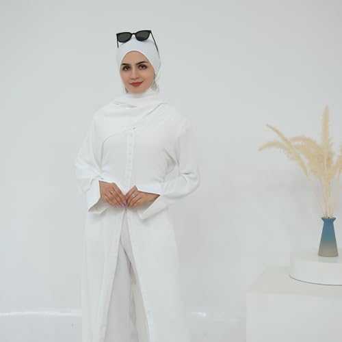 IDOPIP Muslim Women 2-Piece Set Long Sleeve Ramadan Islamic Abaya Dress Shirt with Pants Loose Fit Casual Dubai Prayer Outfit - color: White, size: X-Large-XX-Large