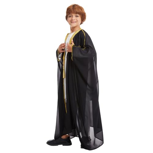 IWEMEK Kids Abaya Arabic Thobe for Boys Muslim Robes Islamic Prayer Clothes Embroidered Chiffon Kaftan Cardigan Dubai Thobe - color: Black, size: 4-5T