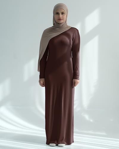 Modal Cotton Abaya Women Long Sleeve Prayer Dress Soft Stretch Islamic Clothes Elegant Robe For Eid, Ramadan, Umrah, Hajj - color: Coffee, size: Medium-Large