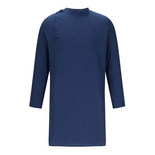 Mens Kaftan Thobe Long Sleeve Stand Collar Side Button Robe Gown Casual Loose Split Cotton Linen Muslim Shirts Top - color: Dark Blue, size: Medium
